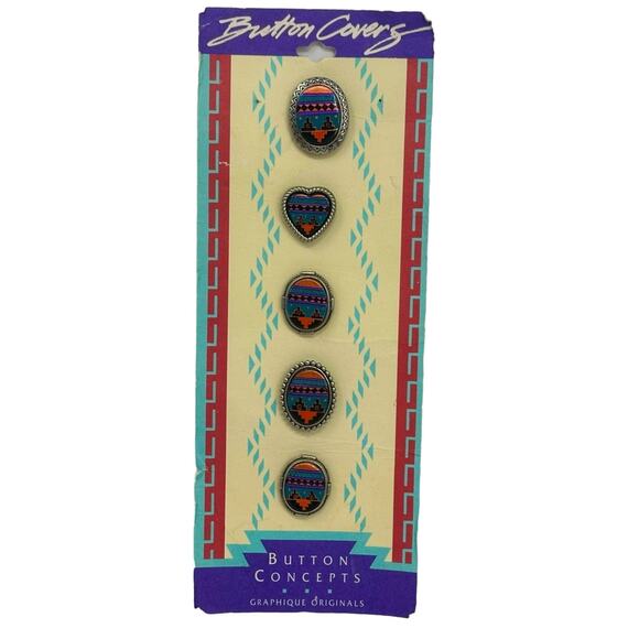 Vintage Southwestern Style Hand painted Button Covers - 1980s  Silver tone - Picture 1 of 11